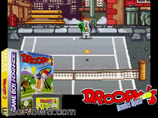 Droopy's Tennis Open Gameboy Advance game showing 3D box cover and gameplay screenshot